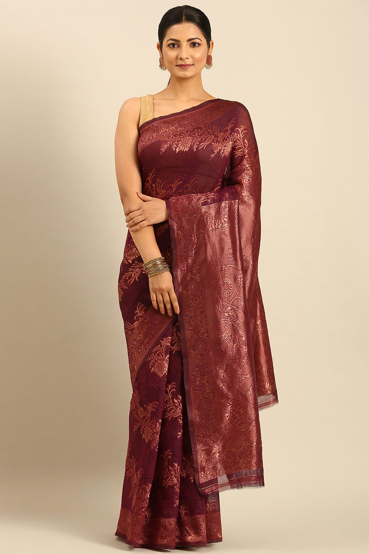 Wine Colour Cotton Traditional Saree