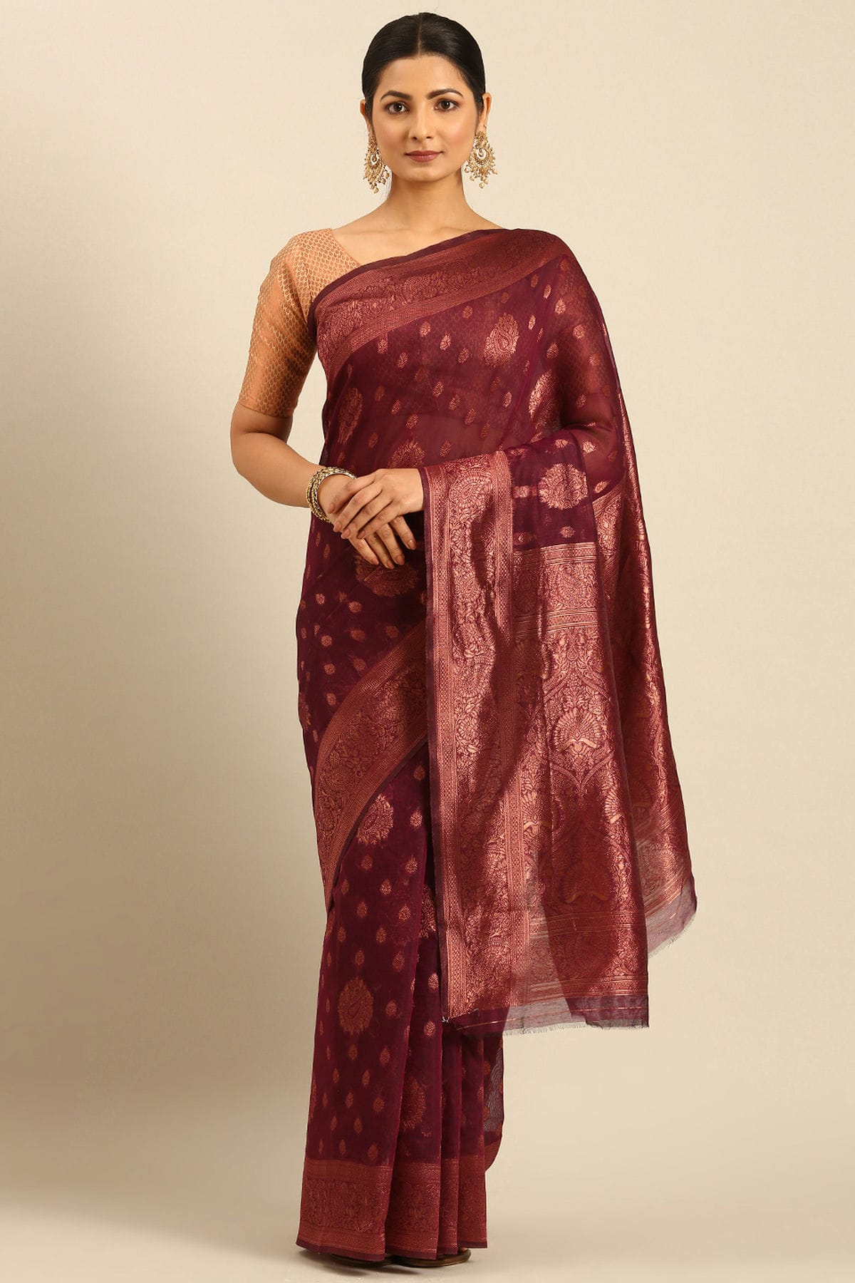 Wine Colour Cotton Traditional Saree