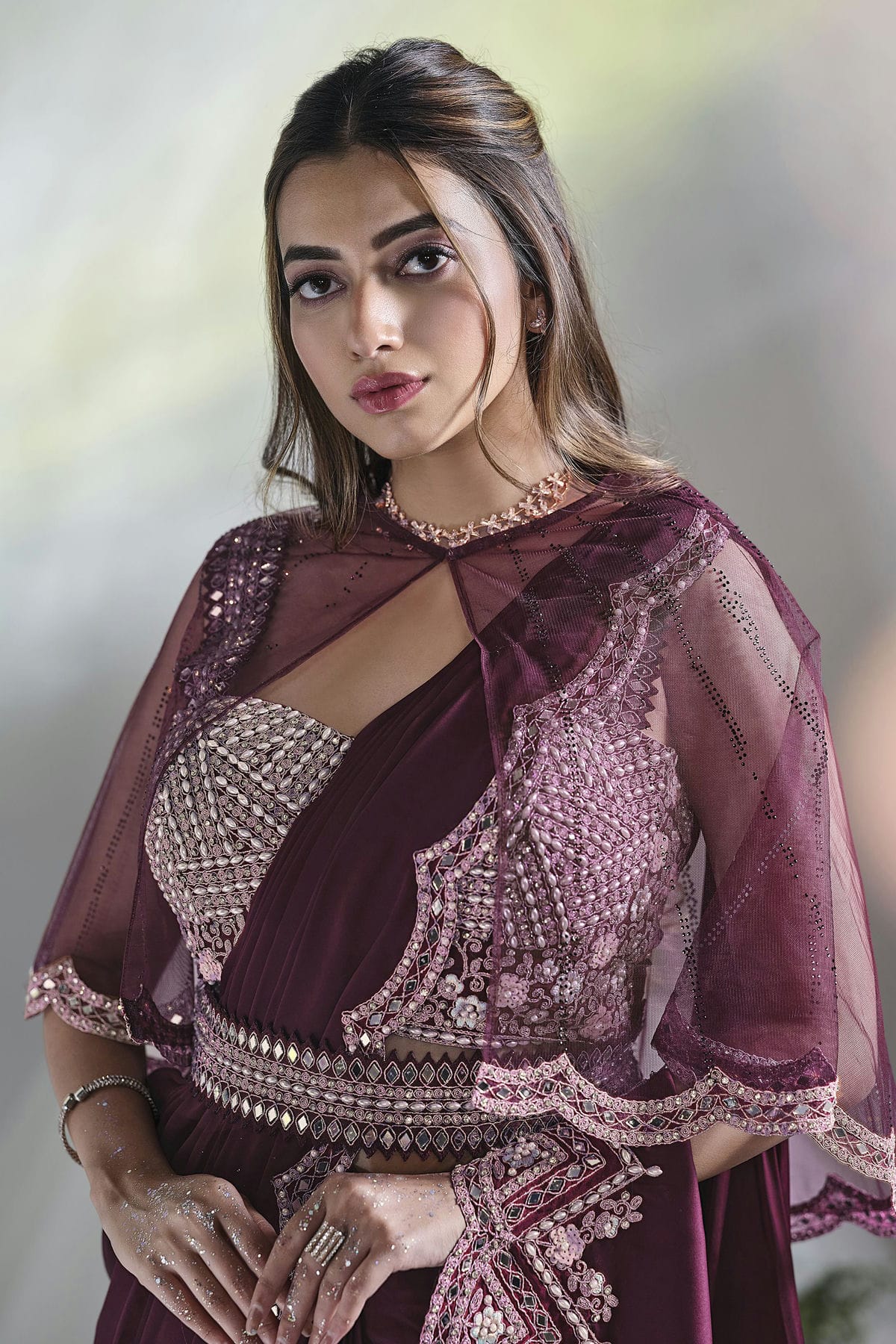 Wine Colour Crepe Satin Silk Ready To Wear Saree