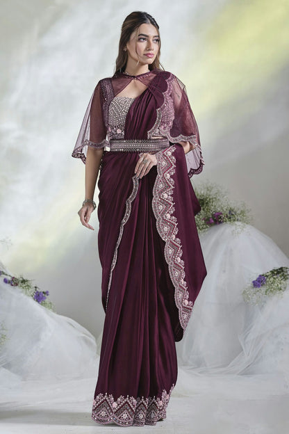 Wine Colour Crepe Satin Silk Ready To Wear Saree