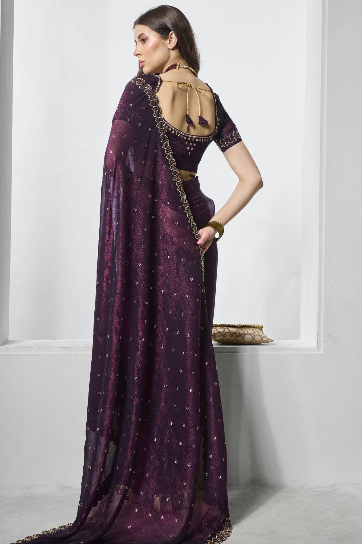 Wine Colour Crunchy Chiffon Designer Saree