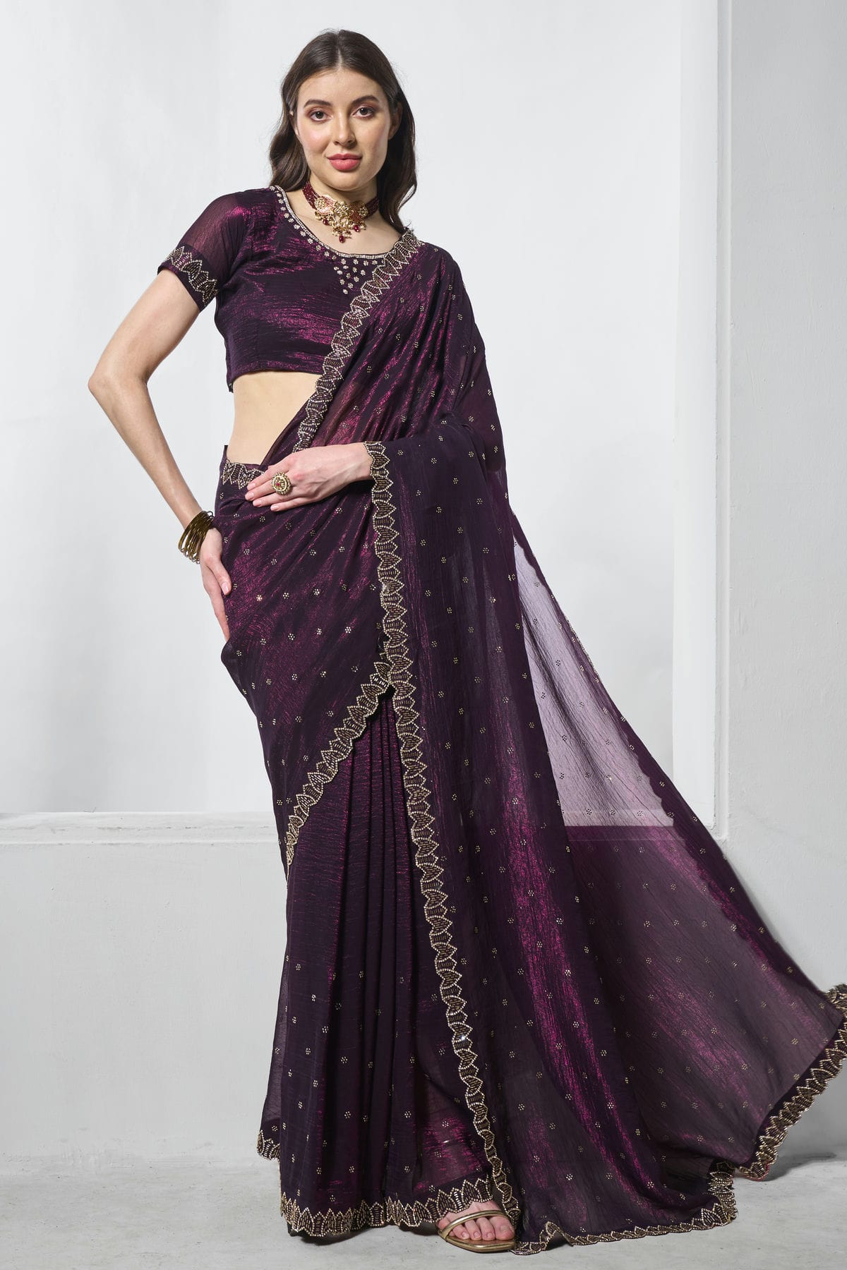 Wine Colour Crunchy Chiffon Designer Saree