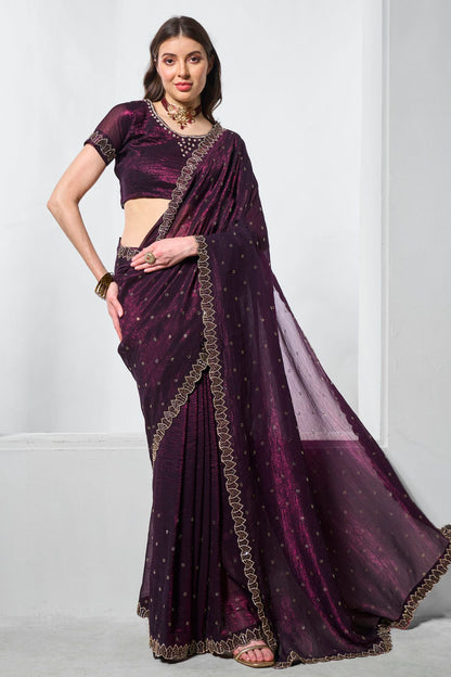 Wine Colour Crunchy Chiffon Designer Saree