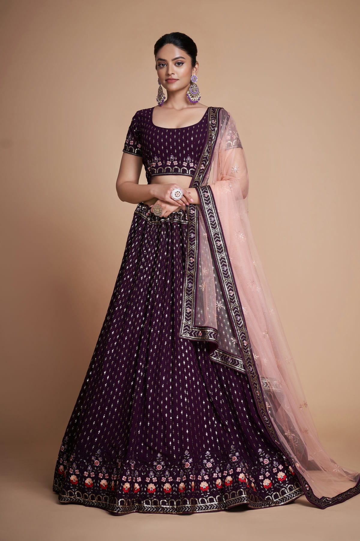 Wine Colour Embroidery Georgette Lehenga Choli