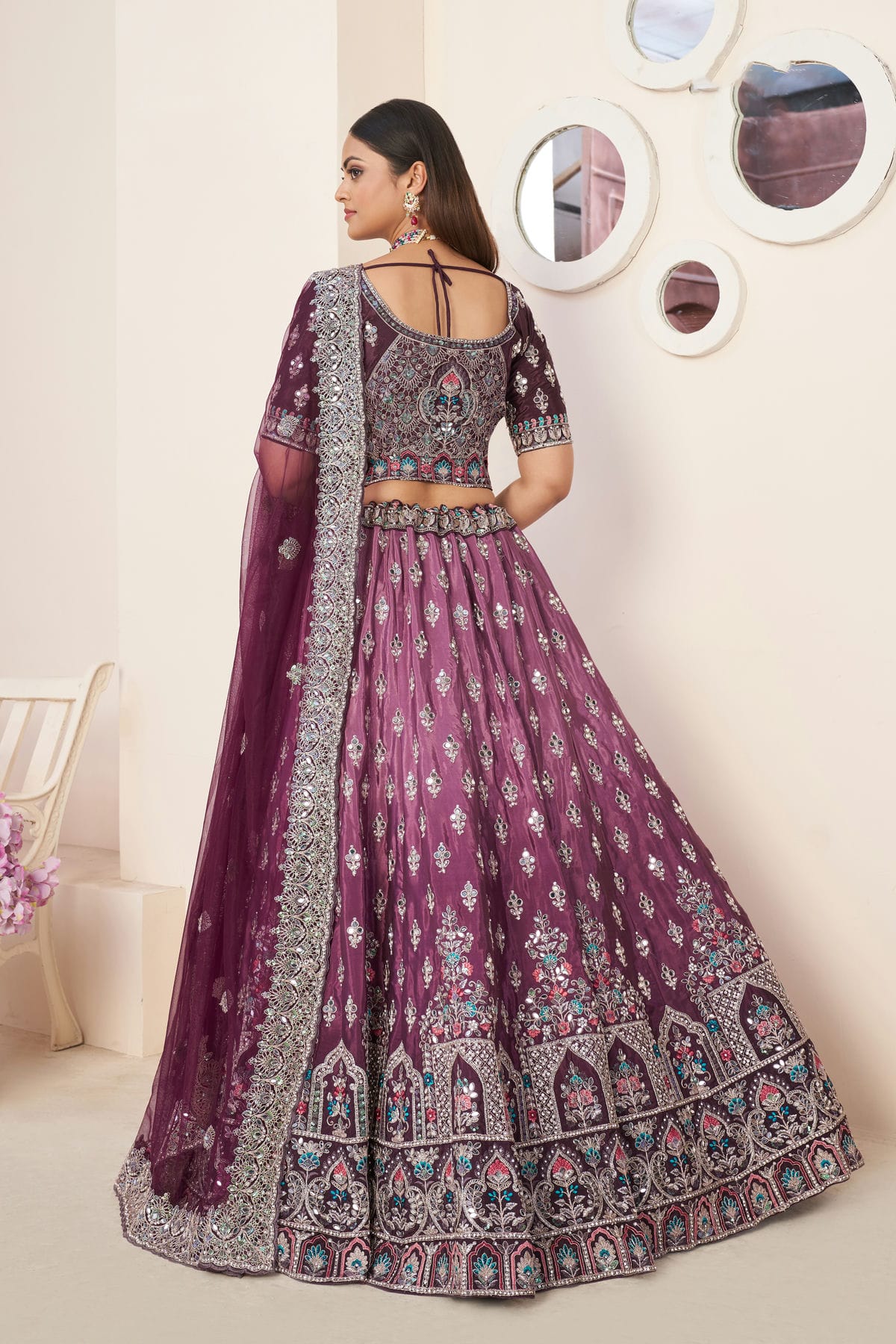 Wine Colour Embroidery Satin Lehenga Choli