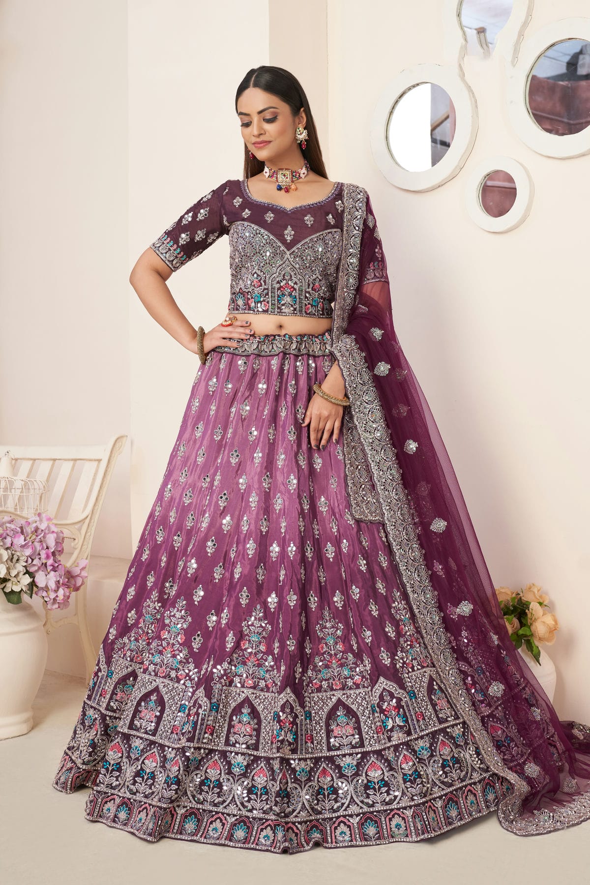 Wine Colour Embroidery Satin Lehenga Choli