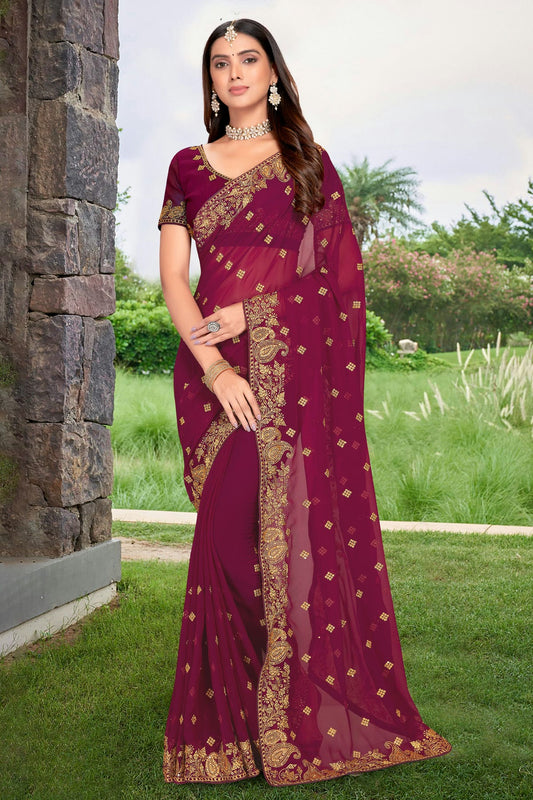 Wine Colour Georgette Designer Saree