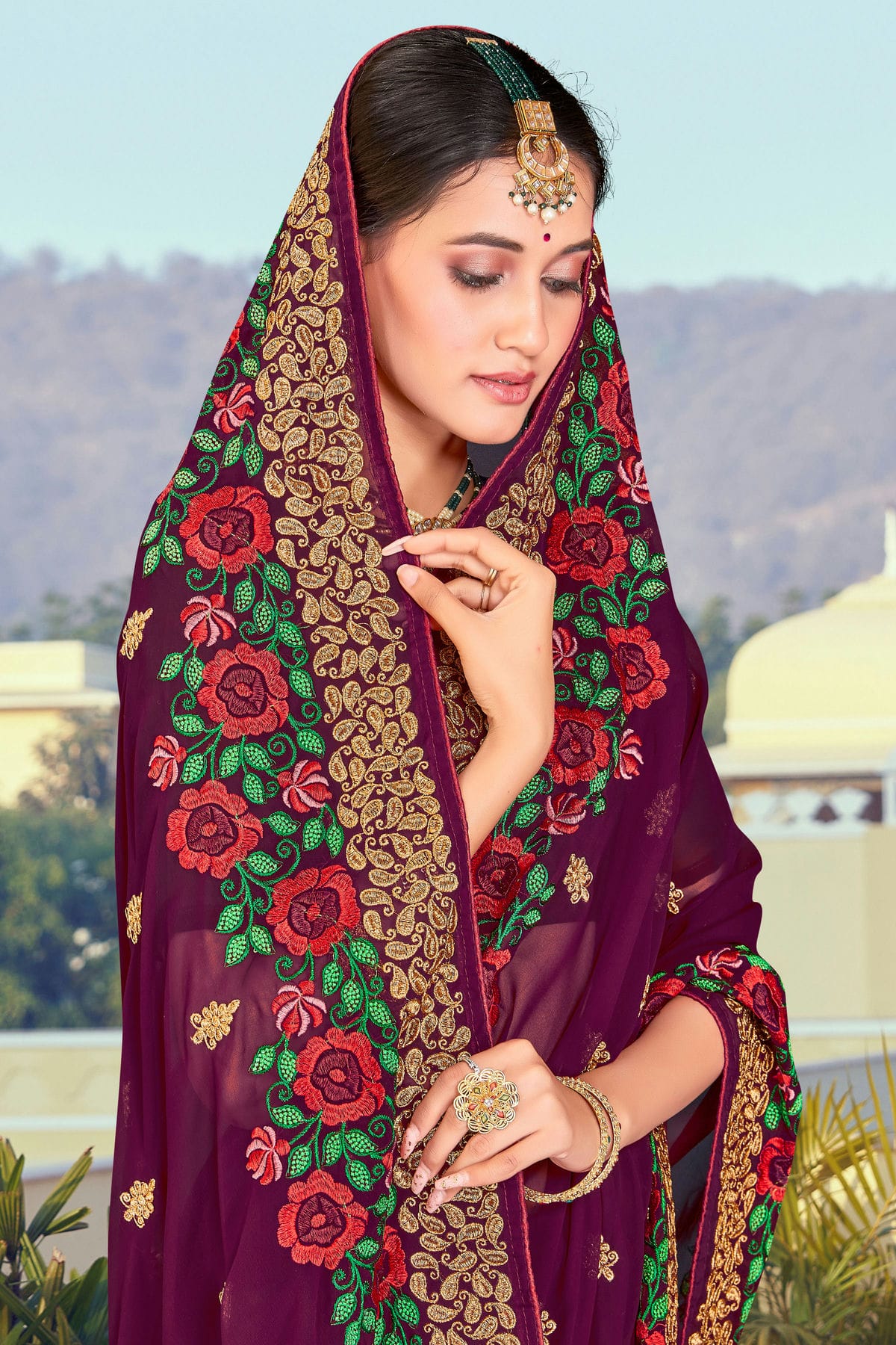 Wine Colour Georgette Designer Saree