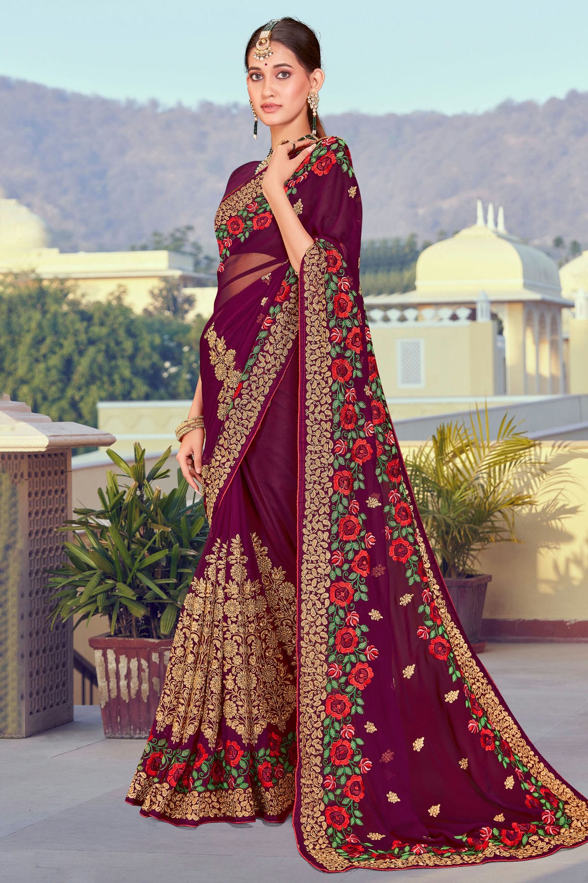 Wine Colour Georgette Designer Saree