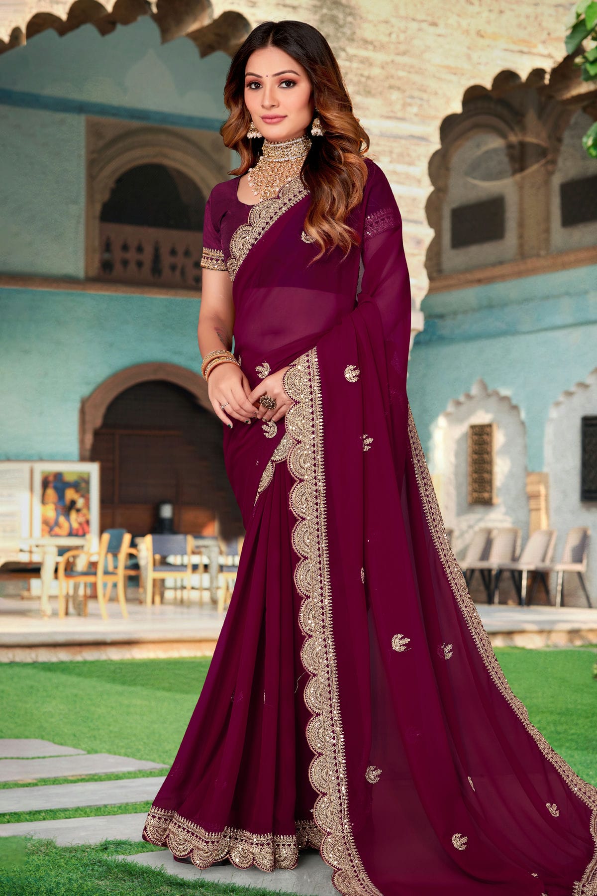 Wine Colour Georgette Designer Saree