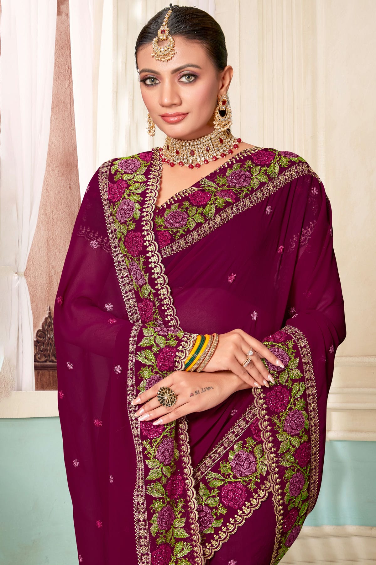 Wine Colour Georgette Designer Saree