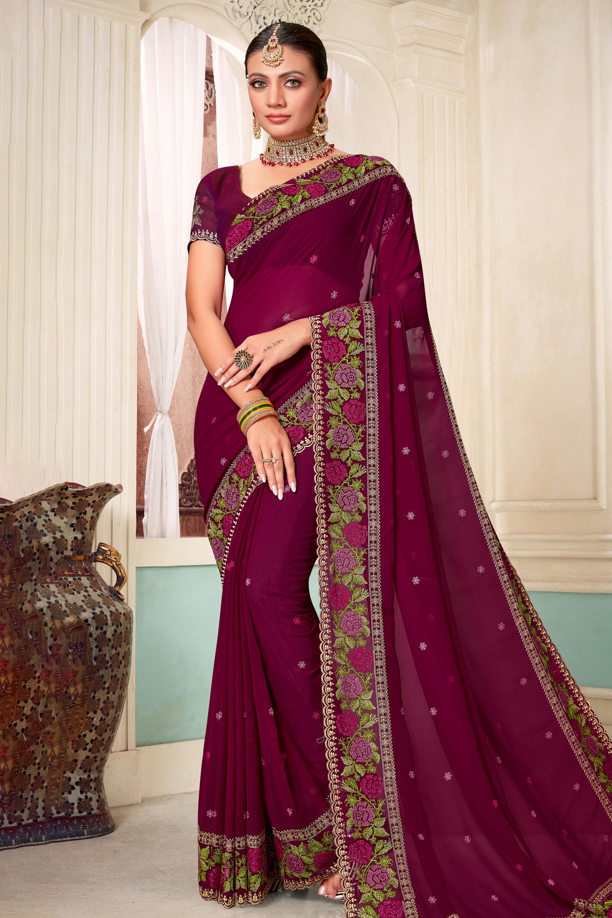 Wine Colour Georgette Designer Saree