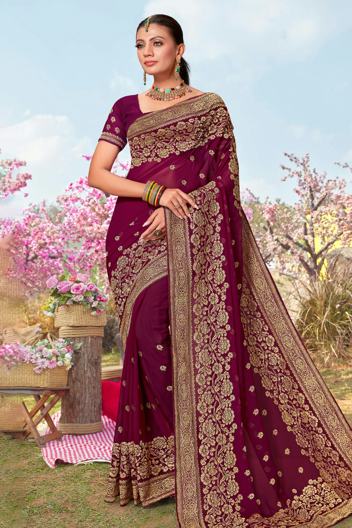 Wine Colour Georgette Designer Saree