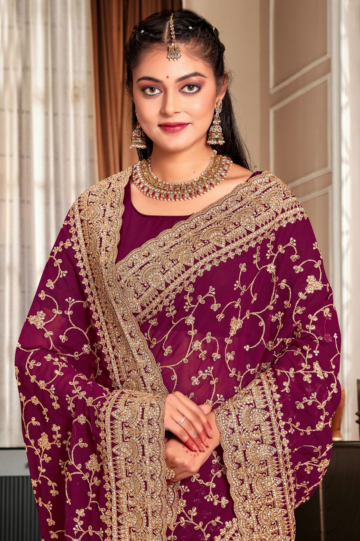 Wine Colour Georgette Designer Saree