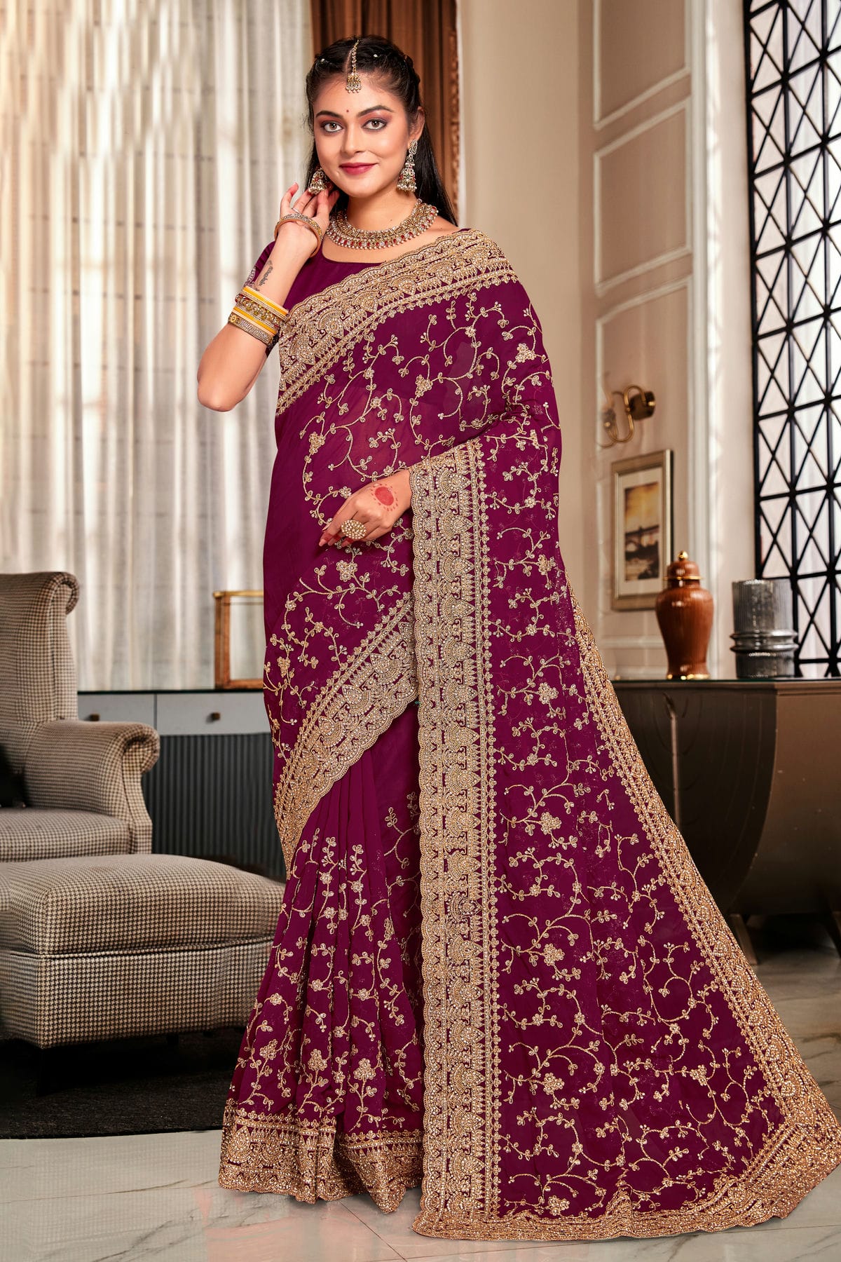 Wine Colour Georgette Designer Saree