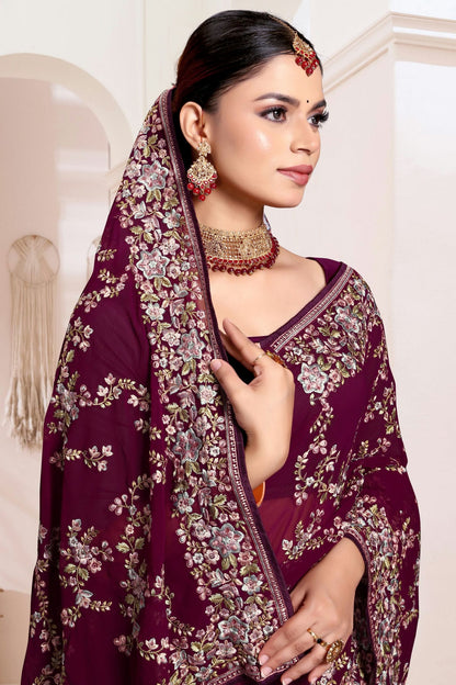 Wine Colour Georgette Designer Saree