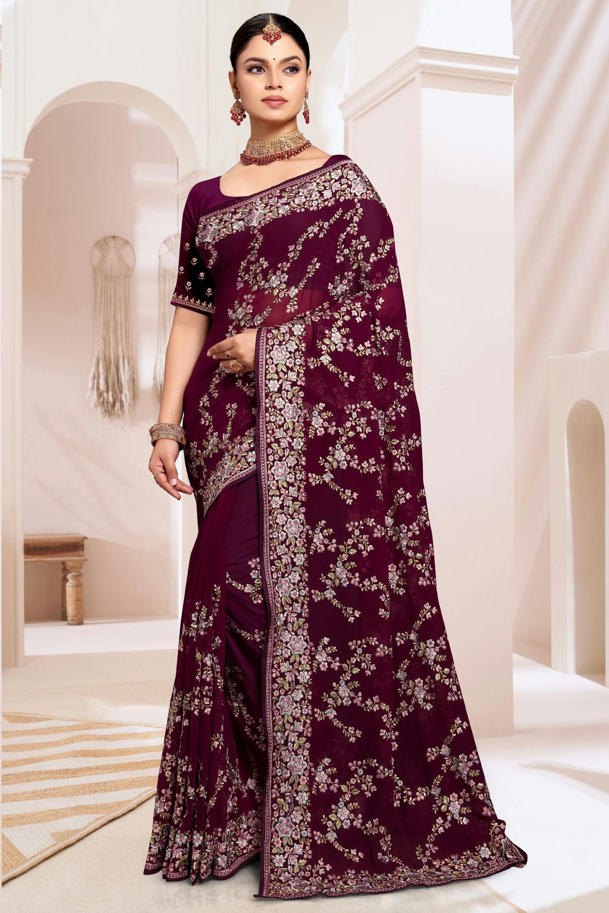 Wine Colour Georgette Designer Saree