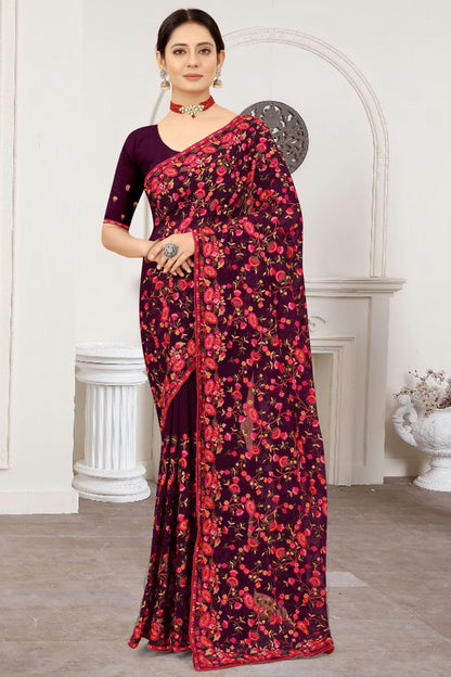 Wine Colour Georgette Designer Saree