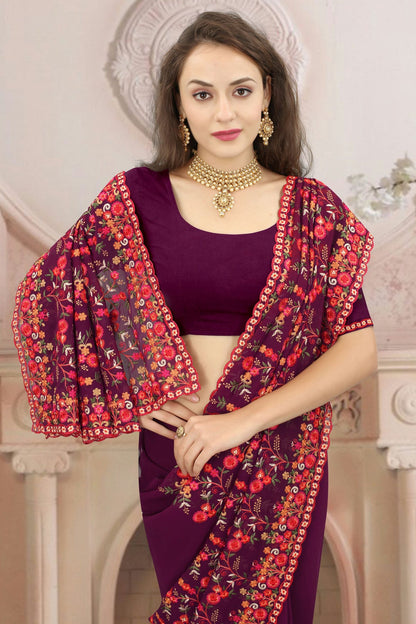 Wine Colour Georgette Designer Saree