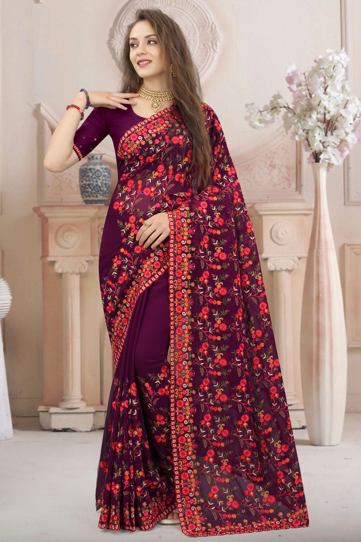 Wine Colour Georgette Designer Saree