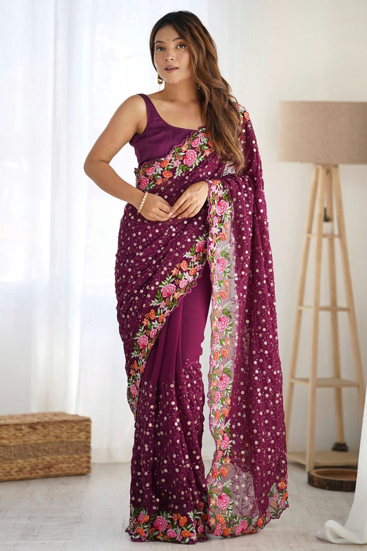 Wine Colour Georgette Designer Saree