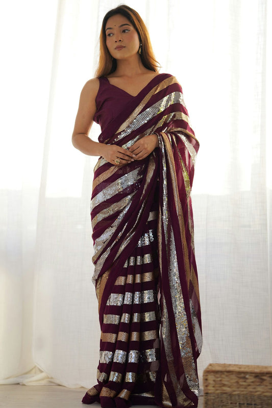 Wine Colour Georgette Designer Saree