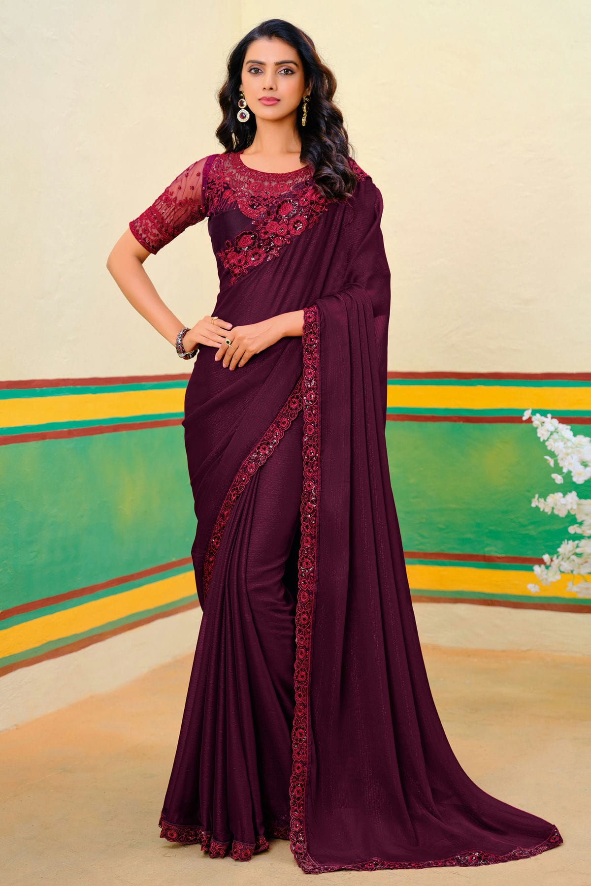 Wine Colour Georgette Designer Saree