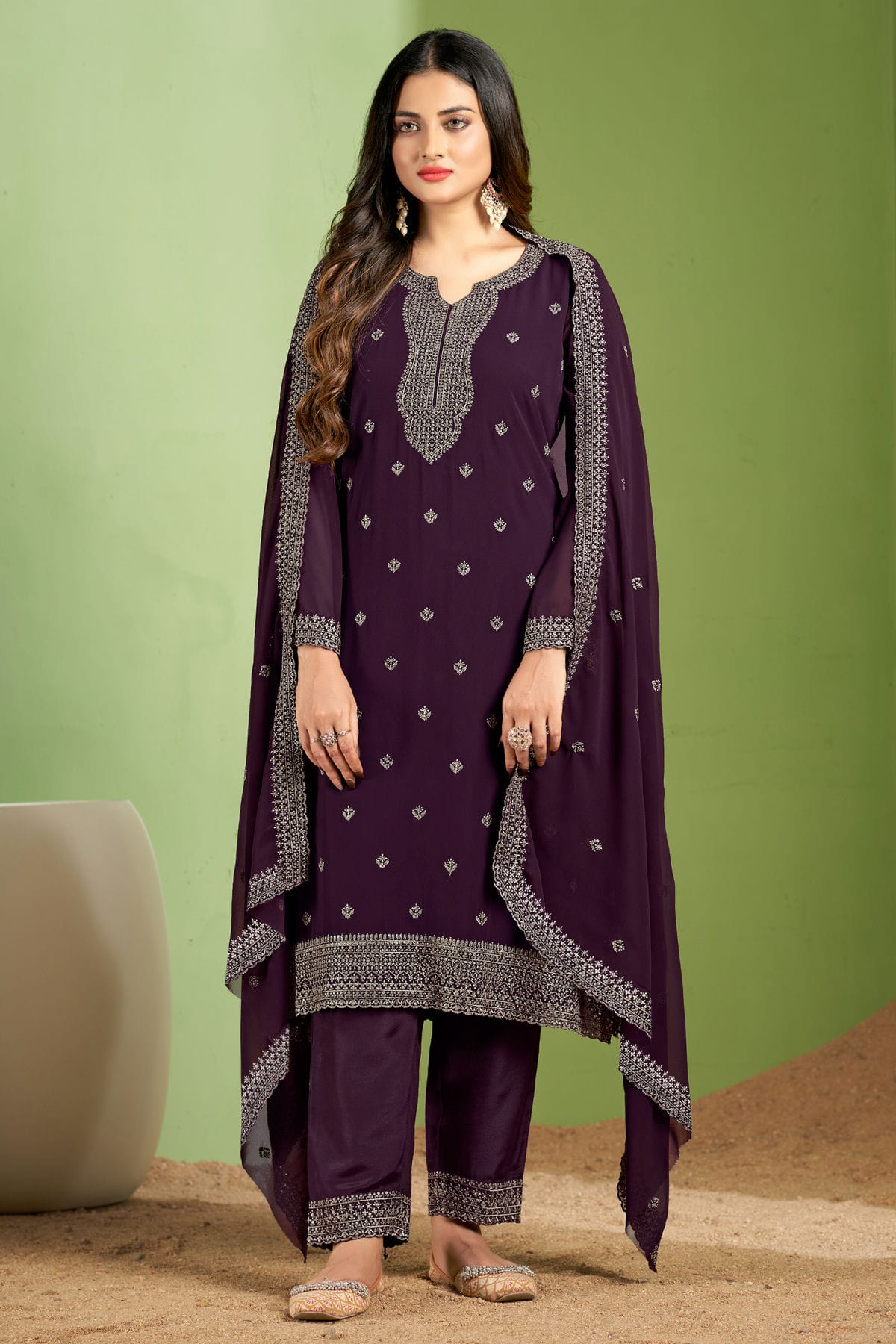 Wine Colour Georgette Pant Style Suit