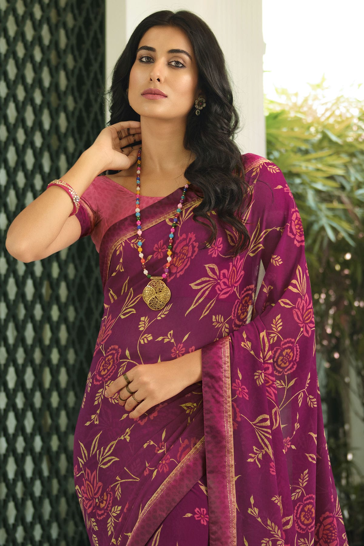 Wine Colour Georgette Printed Saree