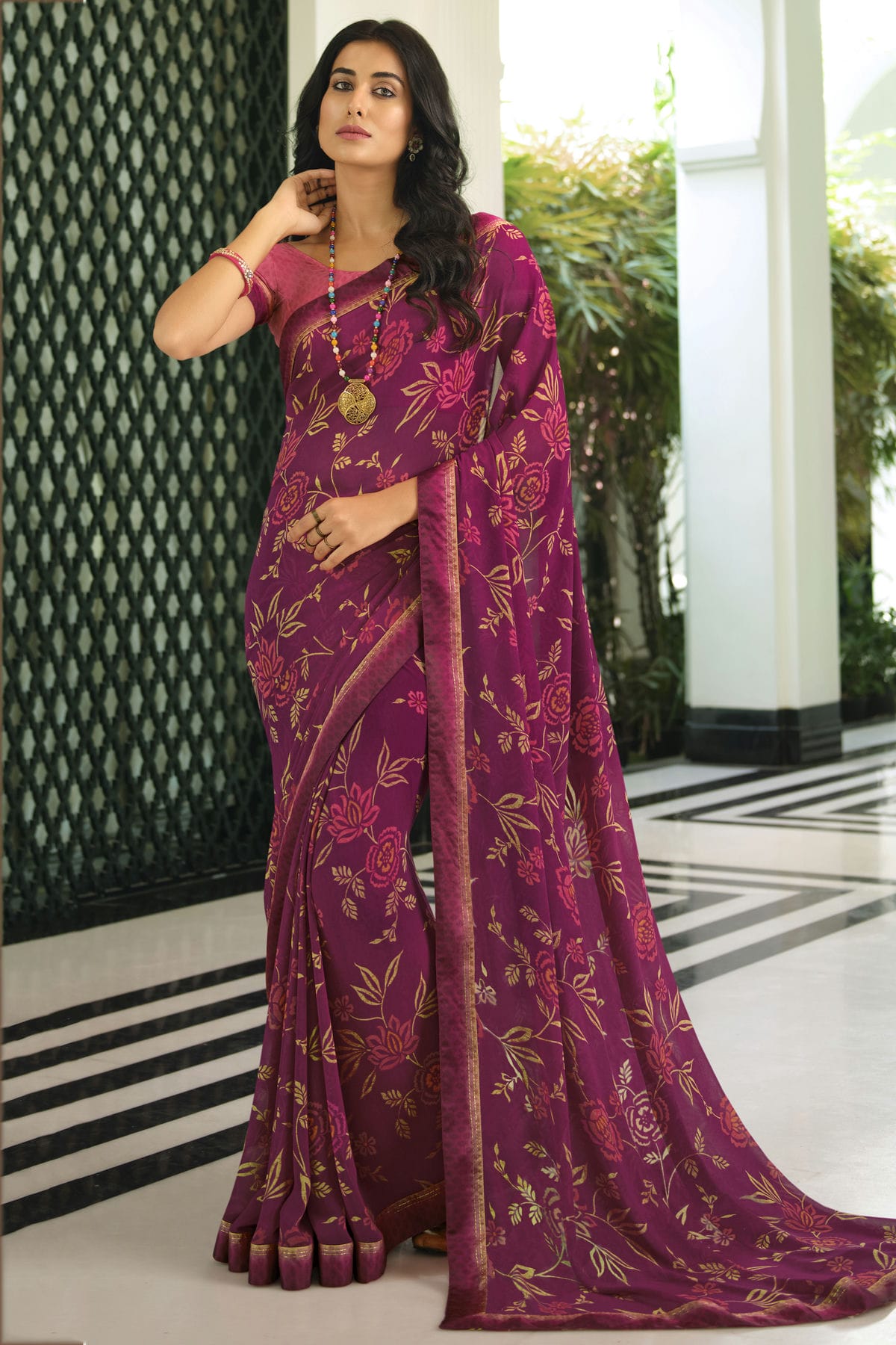 Wine Colour Georgette Printed Saree