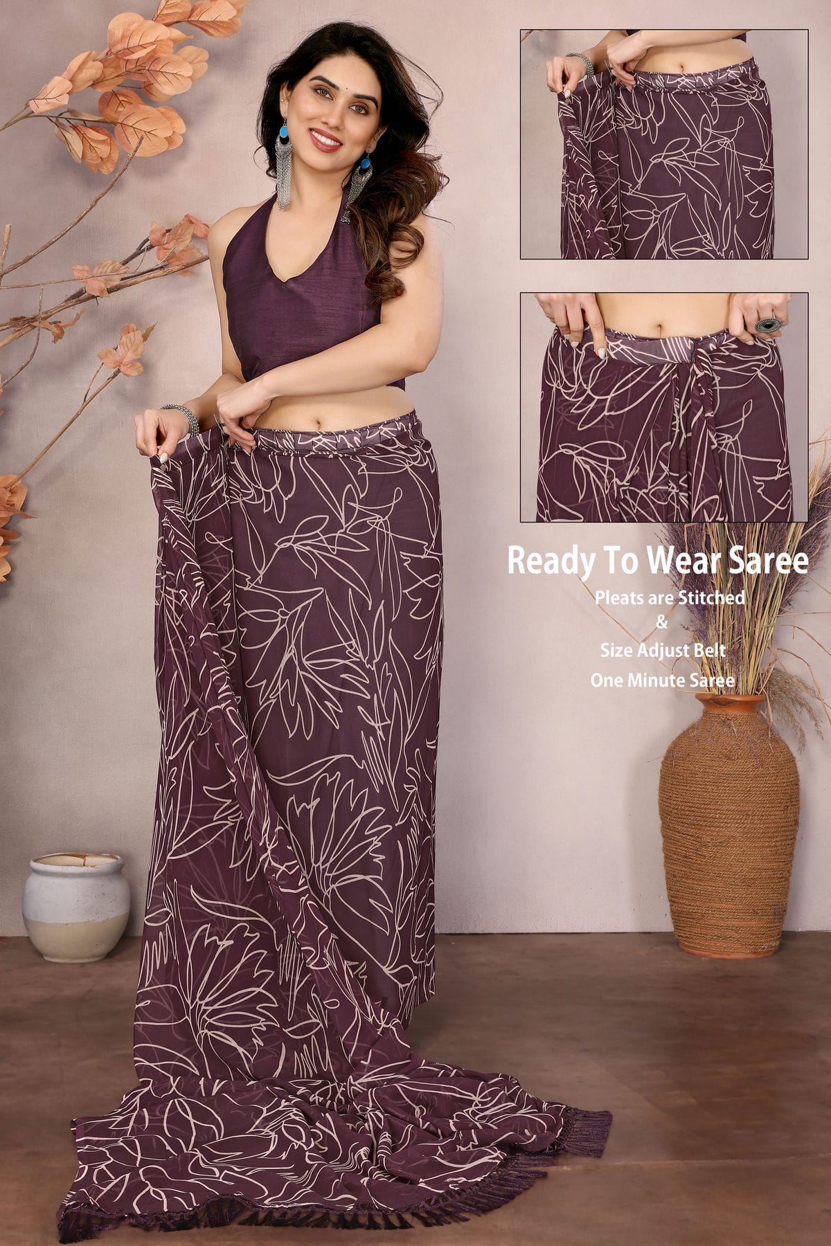 Wine Colour Georgette Ready To Wear Saree VSSD1180212