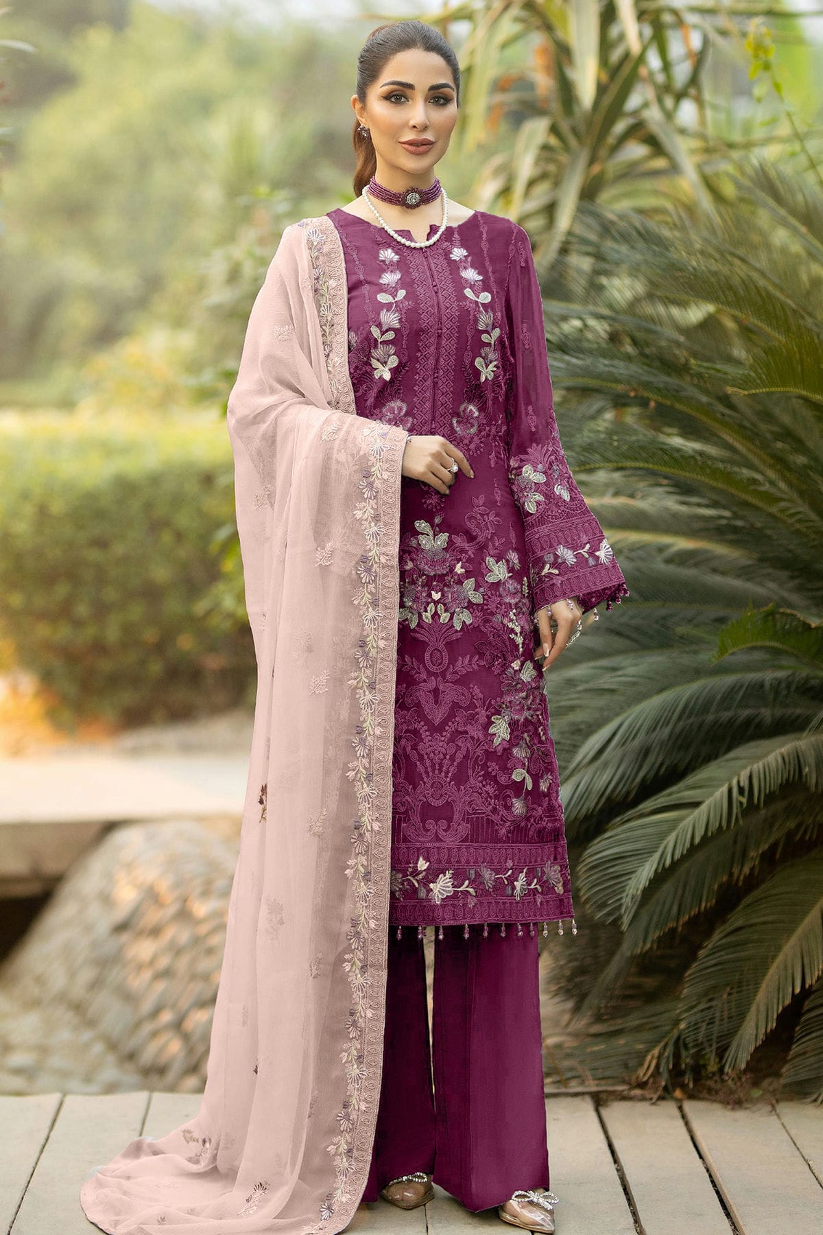 Wine Colour Georgette Semi Stitched Pakistani Suit