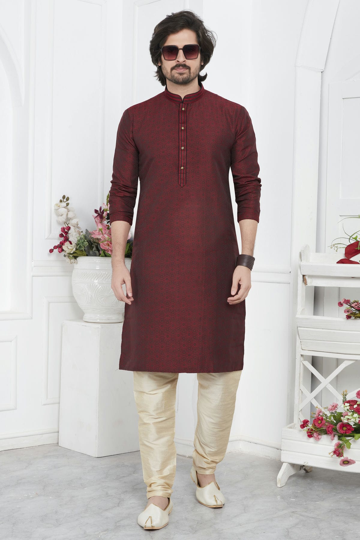 Wine Colour Jacquard Silk Brocade Kurta Pajama VSKP1230221