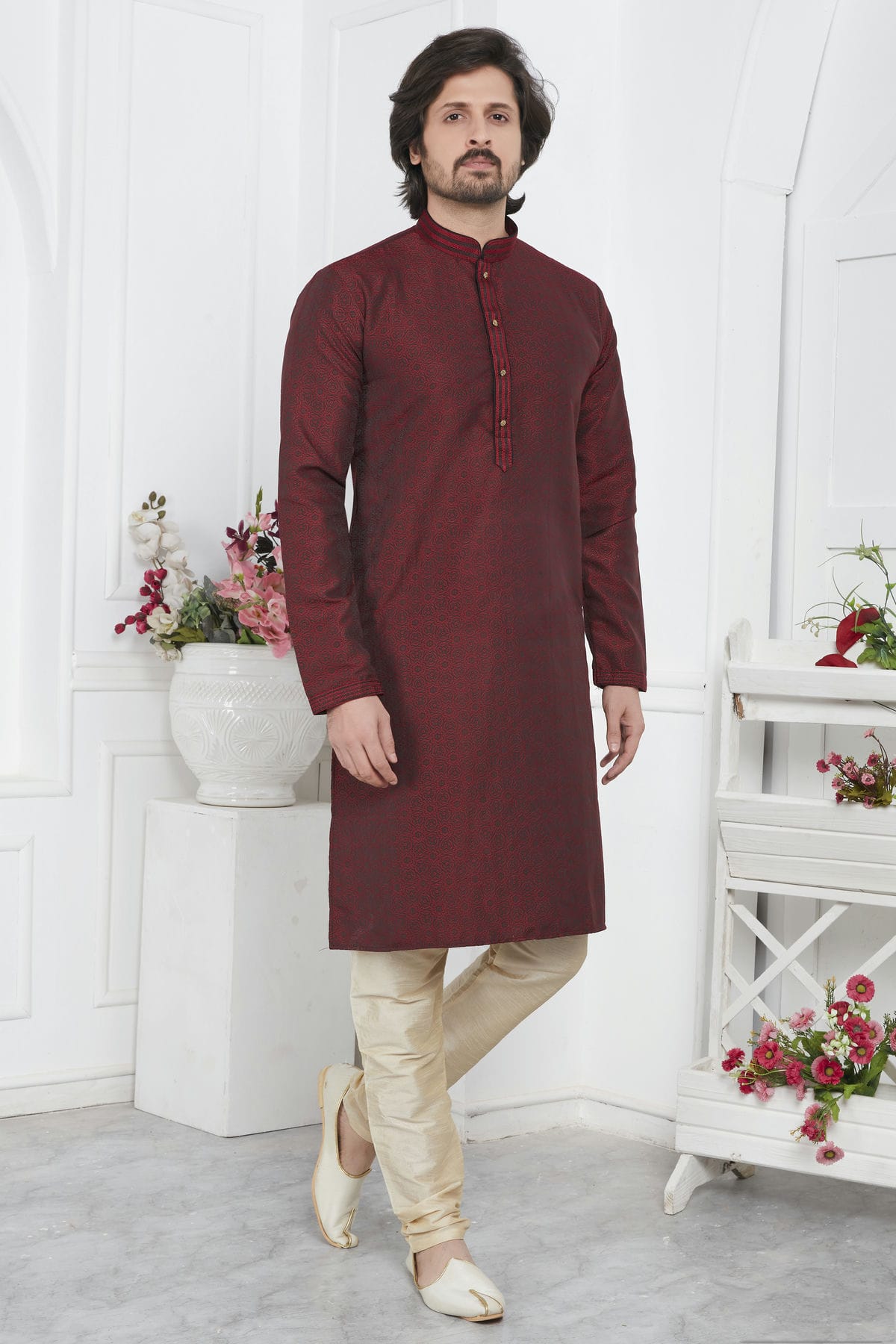 Wine Colour Jacquard Silk Brocade Kurta Pajama