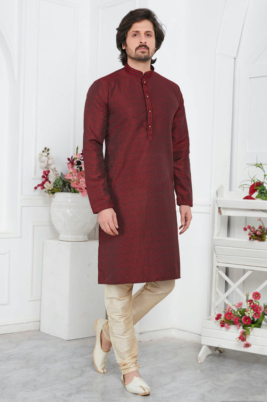 Wine Colour Jacquard Silk Brocade Kurta Pajama