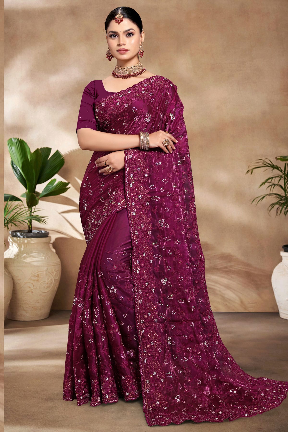 Wine Colour Jimmy Choo Silk Designer Saree