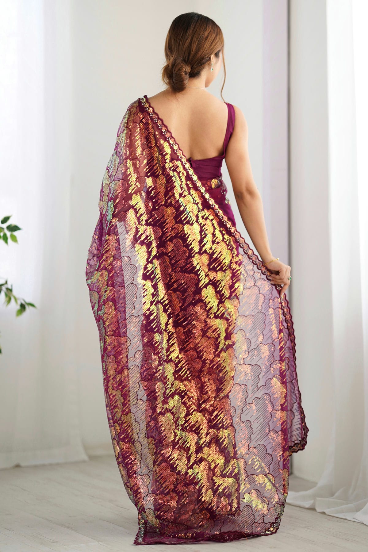 Wine Colour Mono Net Designer Saree