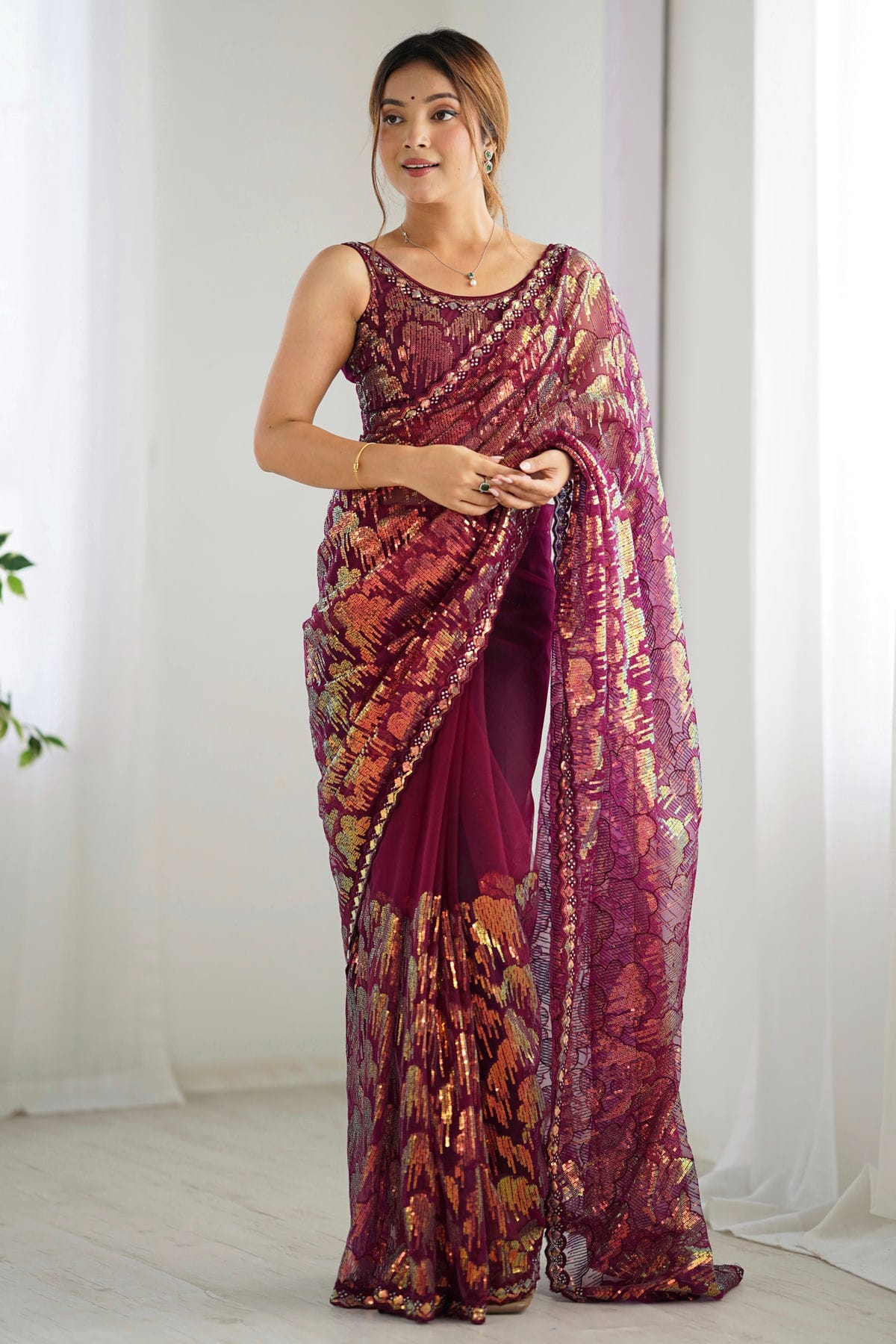 Wine Colour Mono Net Designer Saree