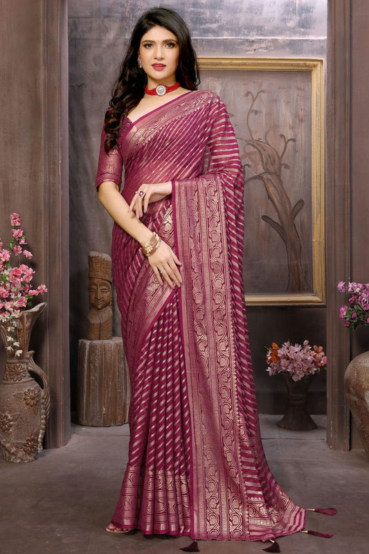 Wine Colour Moss Brasso Traditional Saree