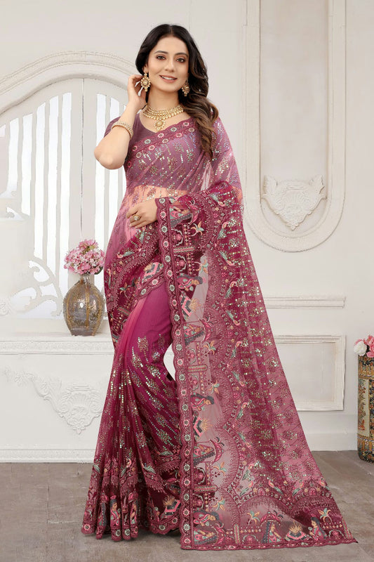 Wine Colour Net Designer Saree