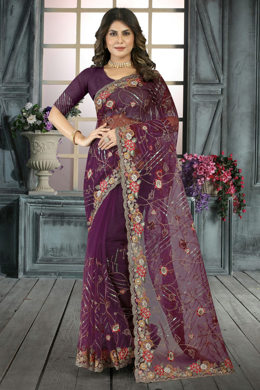 Wine Colour Net Designer Saree