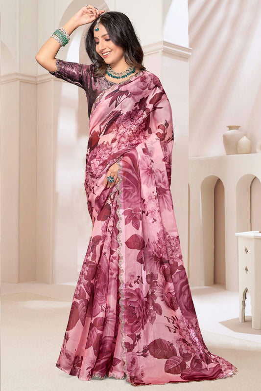 Wine Colour Organza Silk Designer Saree