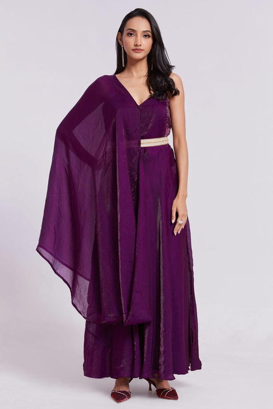 Wine Colour Pure Organza Indo Western Dress