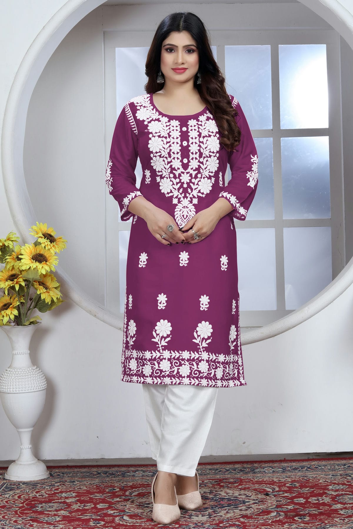 Wine Colour Rayon Kurta And Pant Set