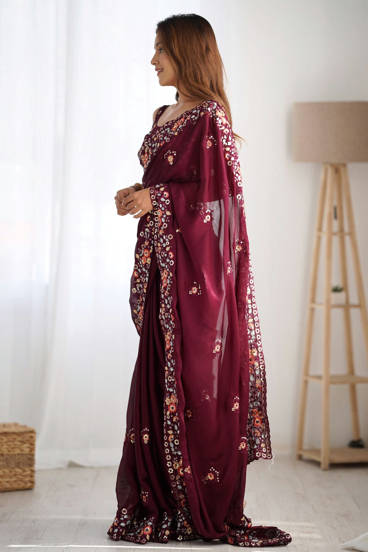 Wine Colour Satin Chiffon Designer Saree