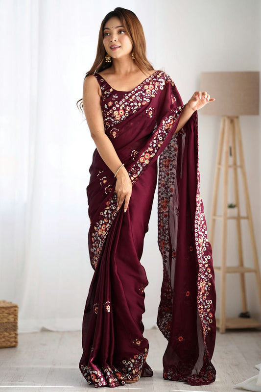 Wine Colour Satin Chiffon Designer Saree