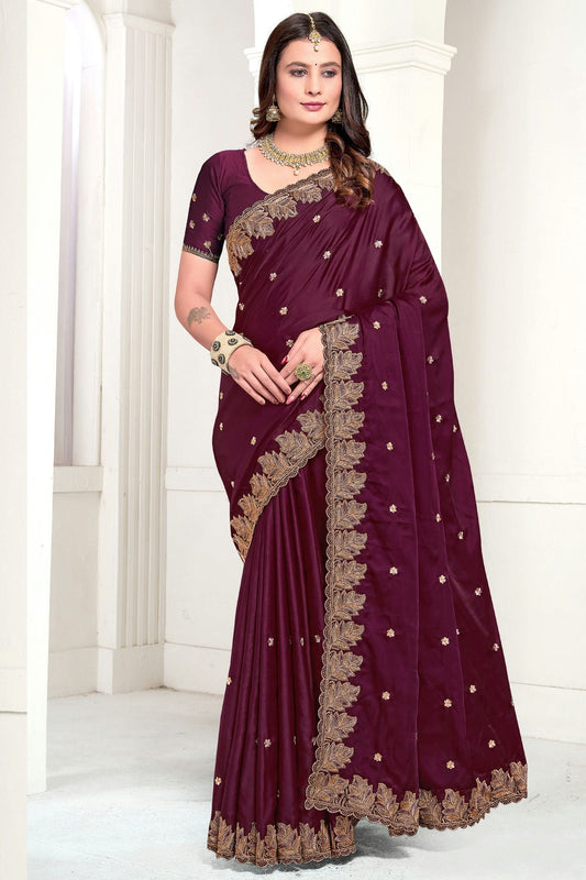 Wine Colour Satin Designer Saree