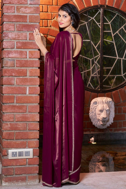 Wine Colour Satin Jimmy Silk Designer Saree VSSD1121866