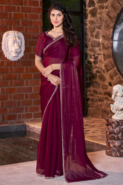 Wine Colour Satin Jimmy Silk Designer Saree