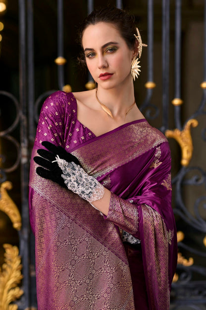 Wine Colour Satin Munga Silk Woven Work Saree VSSD1290064